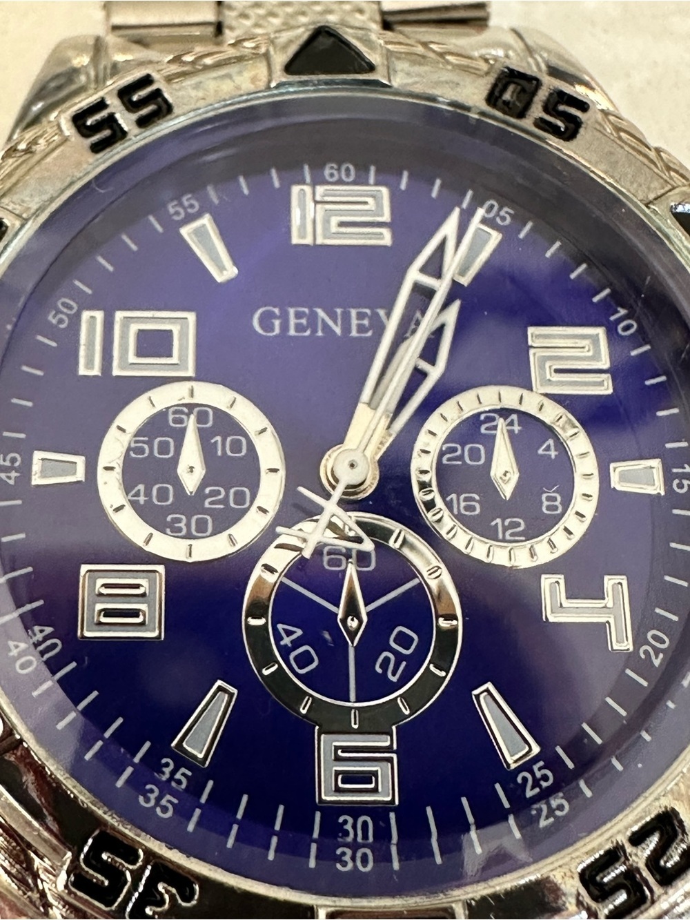 Geneva Silver-Tone Watch with Deep Blue Dial and Silver Accents